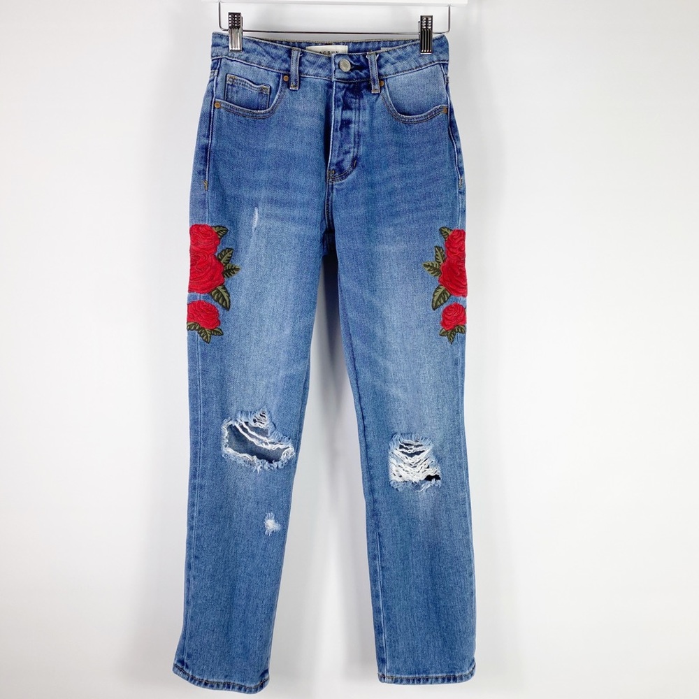 Pacsun Mom Jeans Red Rose Embroidered Distressed